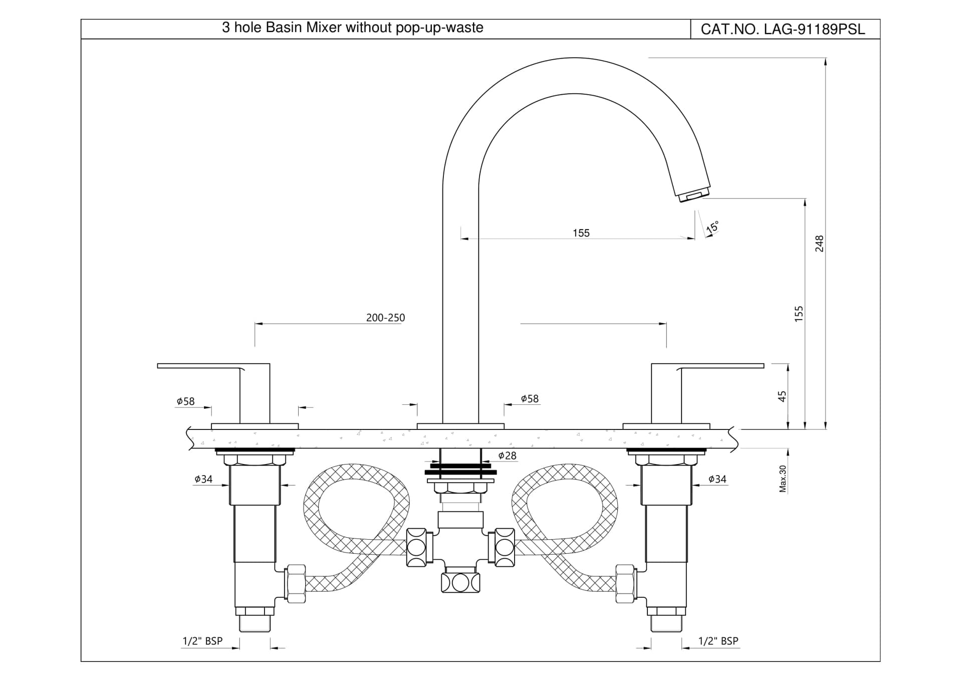 Jaquar 3-Hole Basin Mixer with Pipe Spout Laguna Faucets series LAG-BLM-91189PSL Black Matt - image 2