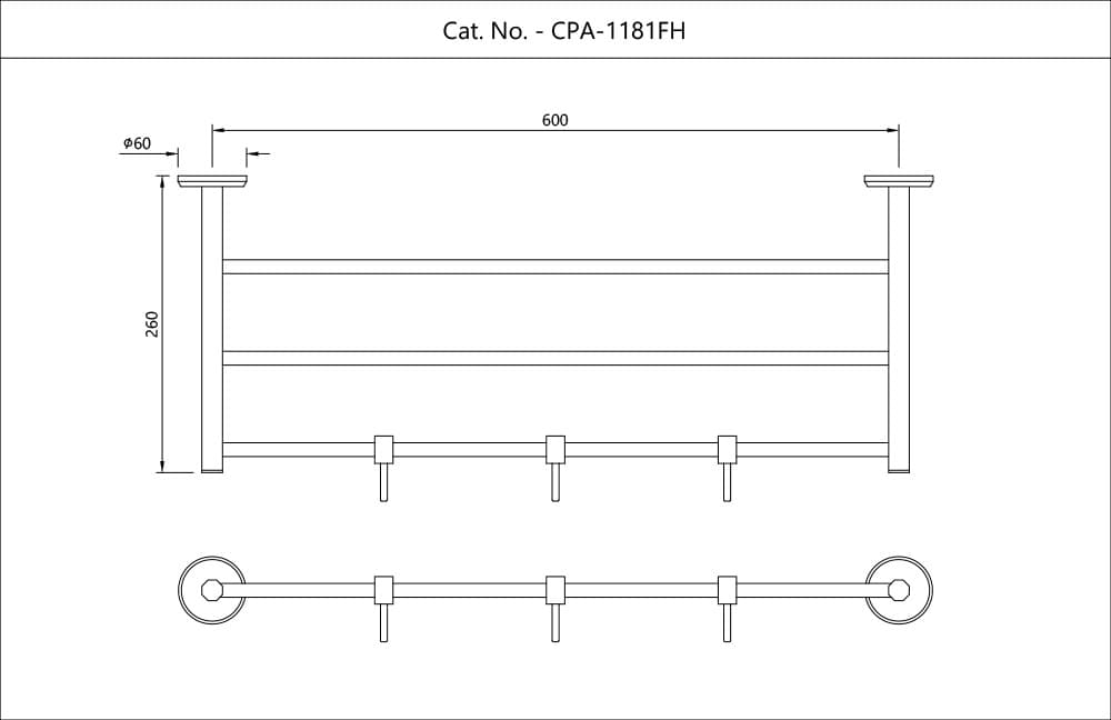 Jaquar Towel Rack 600mm Long without Lower Hanger But With 3 Hooks Continental Prime Accessories series CPA-CHR-1181FH Chrome - image 2
