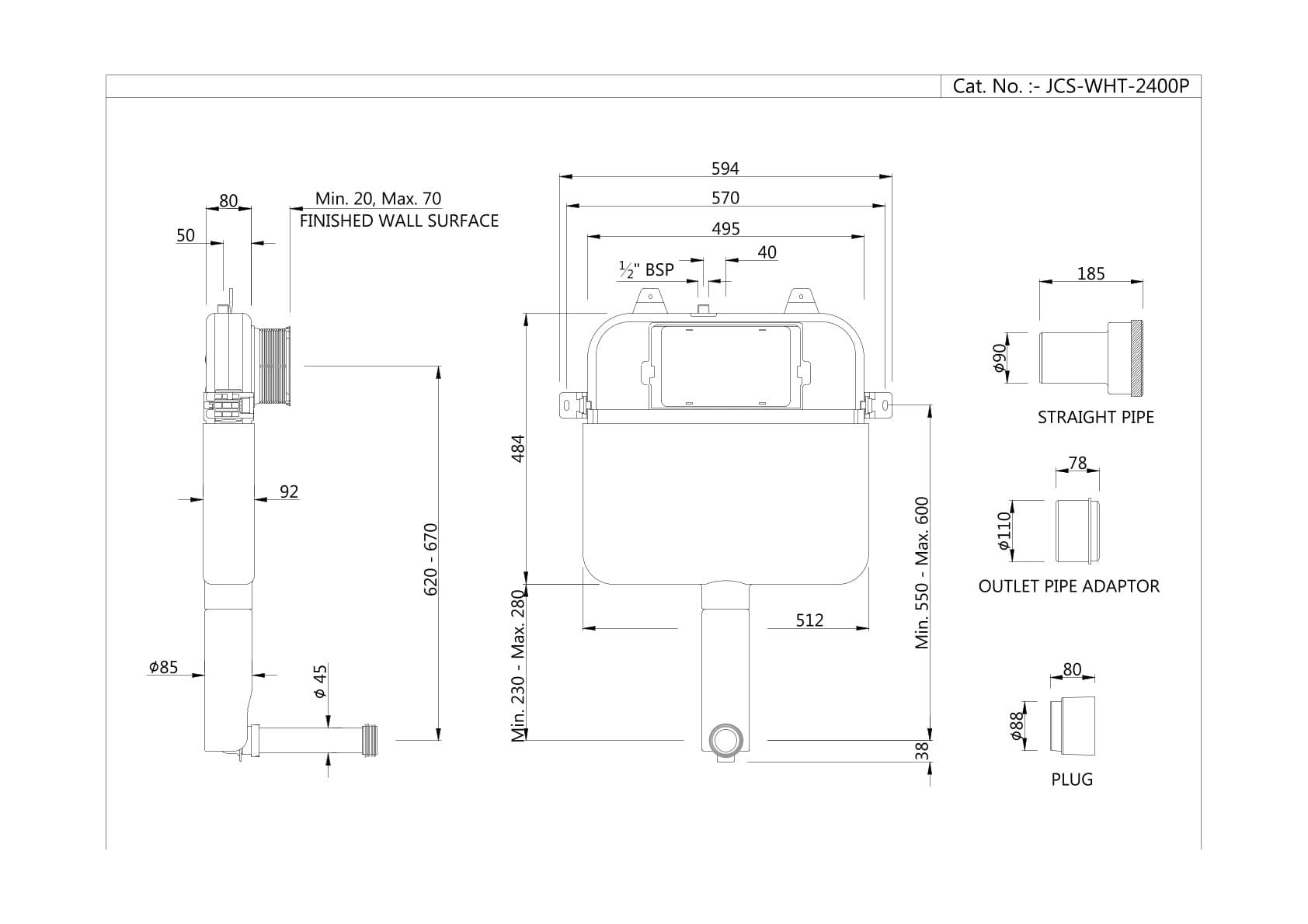 Jaquar Single piece Slim Concealed Cistern Body Slim Concealed Cistern series JCS-WHT-2400P White Glass - image 2