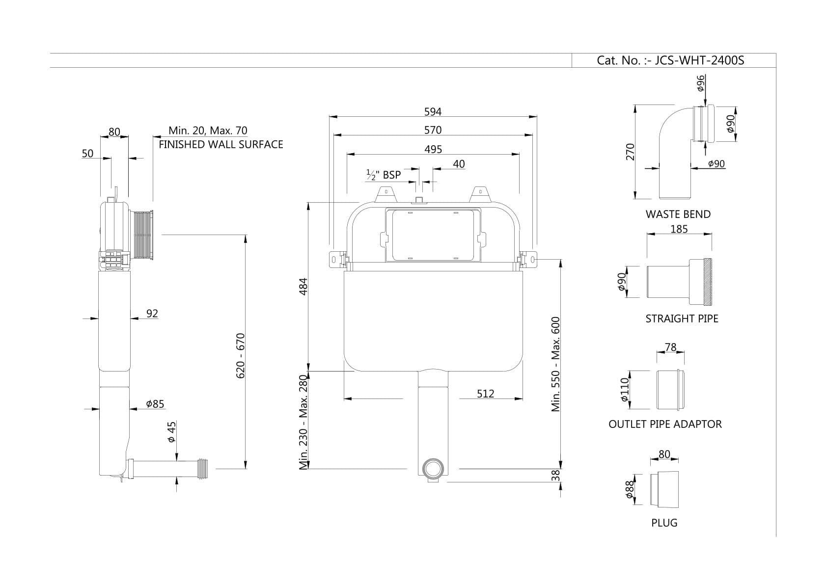 Jaquar Single Piece Slim Concealed Slim Concealed Cistern series JCS-WHT-2400S White Glass - image 2