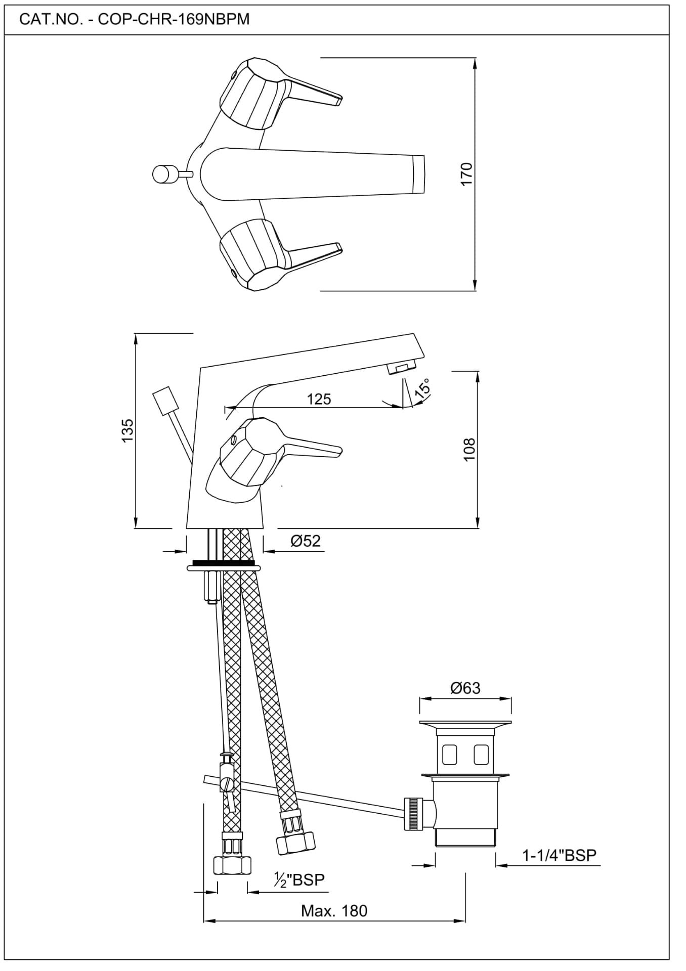 Jaquar Central Hole Basin Mixer with Popup Waste System Continental Prime series COP-CHR-169NBPM Chrome - image 2