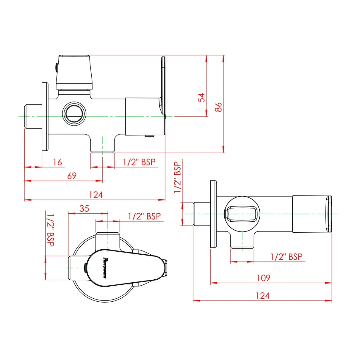 Parryware basin area 2 way angle valve uno T5043A1 T5043A1 Chrome - image 2
