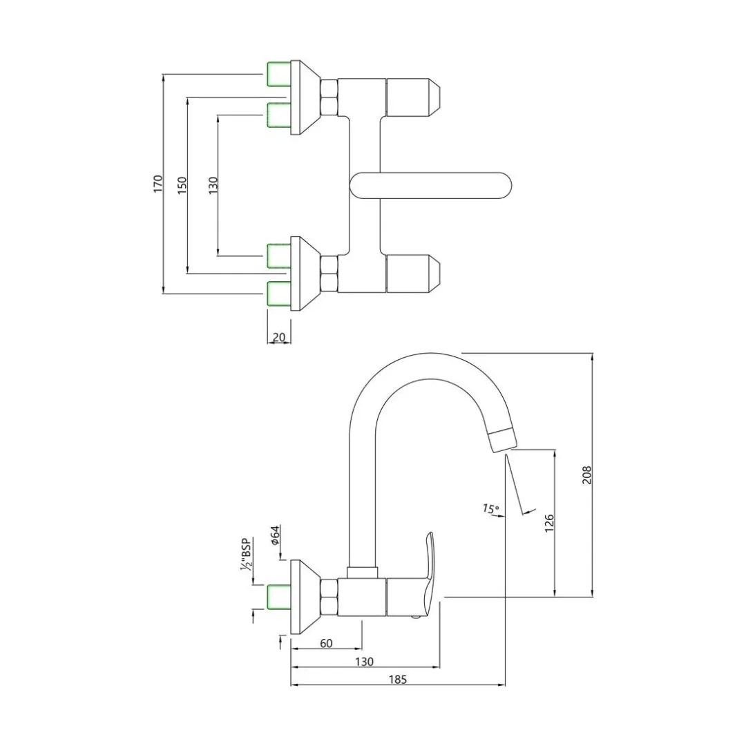 Essco wall mounted regular kitchen sink mixer Cosmo COS-103309N with swinging spout in chrome finish COS-103309N Standard - image 2