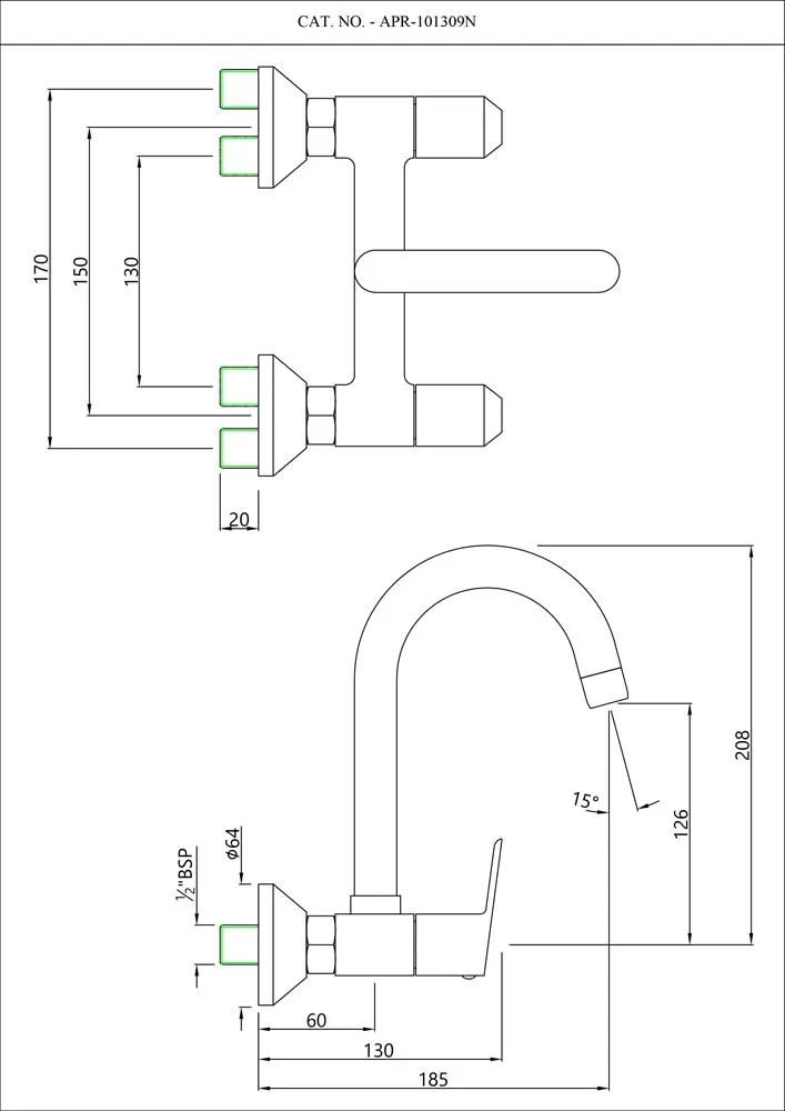 Essco Aspire Kitchen Sink Mixer, Wall Mounted, Swinging Spout APR-101309N APR-CHR-101309N Standard - image 2
