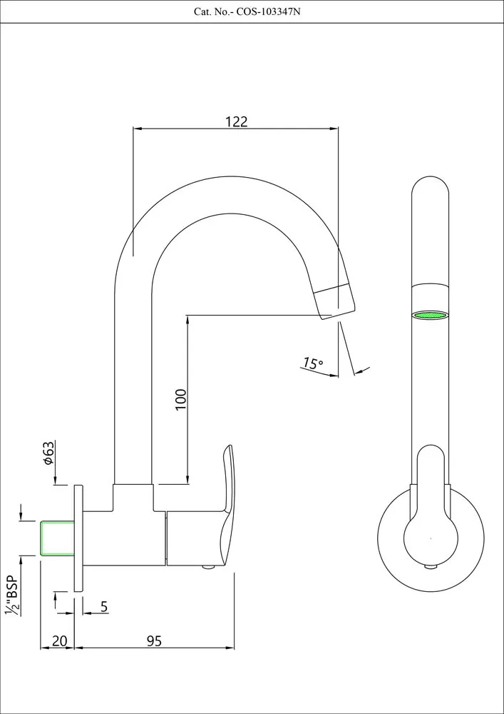 Essco Cosmo Kitchen Sink Tap, Wall Mounted, Swinging Spout COS-103347N COS-CHR-103347N Standard - image 2