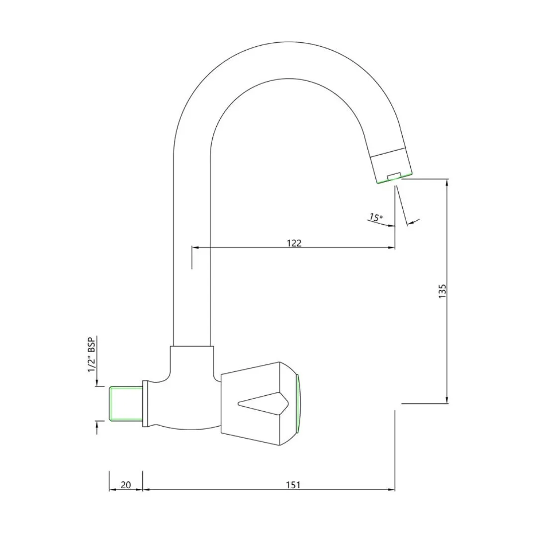Essco wall mounted regular kitchen sink tap Marvel MQT-522S with swinging spout in chrome finish MQT-522S Standard - image 2