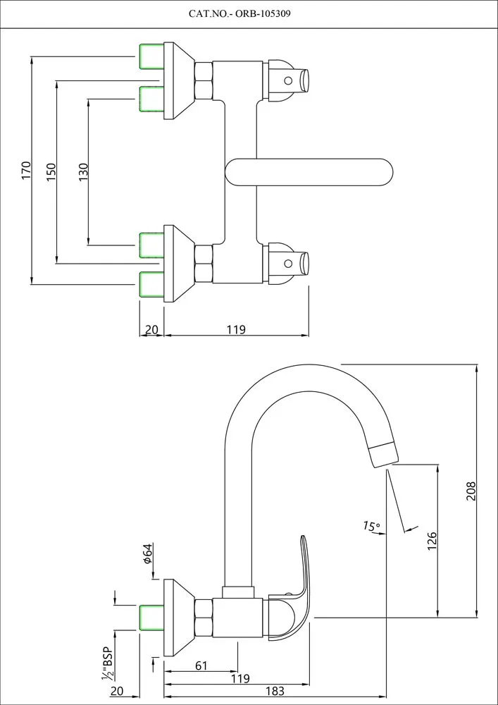 Essco Orbit Kitchen Sink Mixer, Wall Mounted, Swinging Spout ORB-105309 ORB-CHR-105309 Standard - image 2
