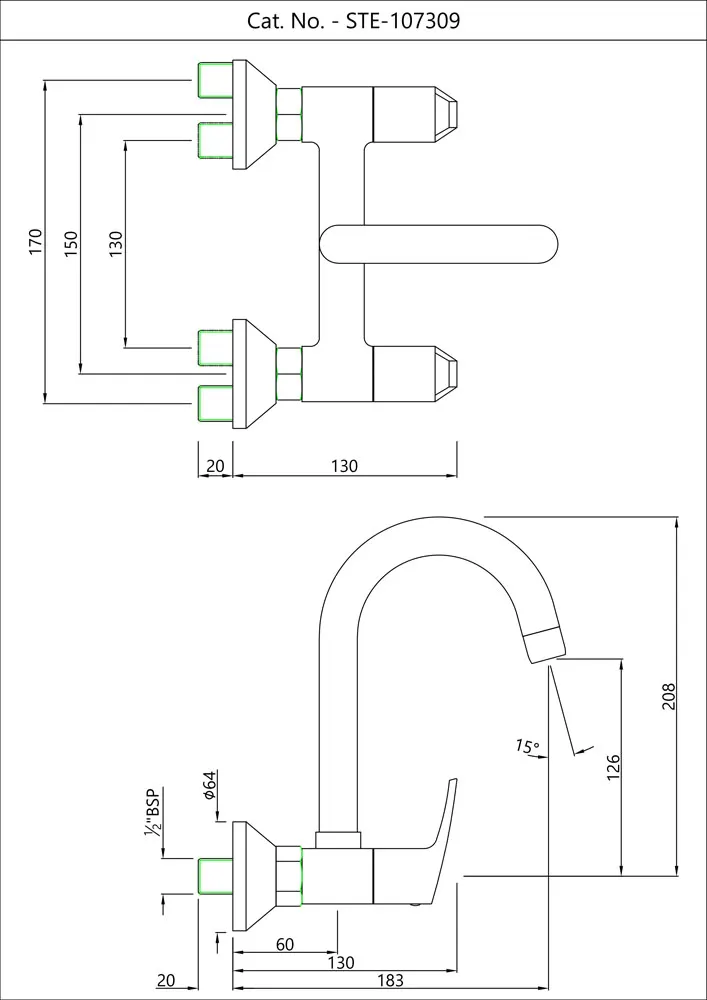 Essco Stella Kitchen Sink Mixer, Wall Mounted, Swinging Spout STE-107309 STE-CHR-107309 Standard - image 2