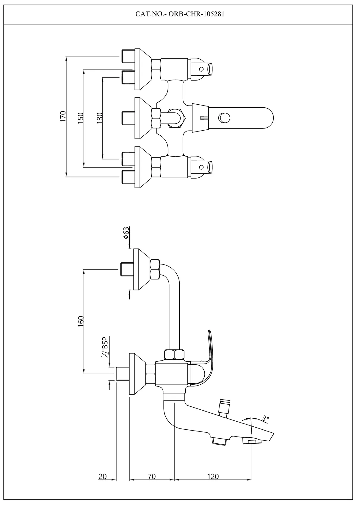 Essco Orbit 3 Way Wall Mixer with 115mm Bend Pipe, Brass Body ORB-CHR-105281 Chrome - image 2