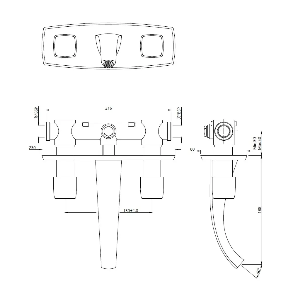 Jaquar Basin Mixer with Two Concealed Valves, Wall Mounted Arc series ARC-BLM-87433 Black Matt - image 2