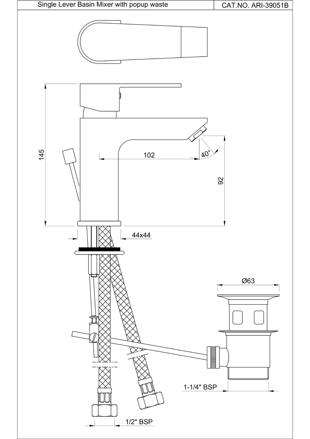 Jaquar Basin Mixer with Popup Waste, 450mm Braided Hoses Aria series ARI-CHR-39051B Chrome - image 2