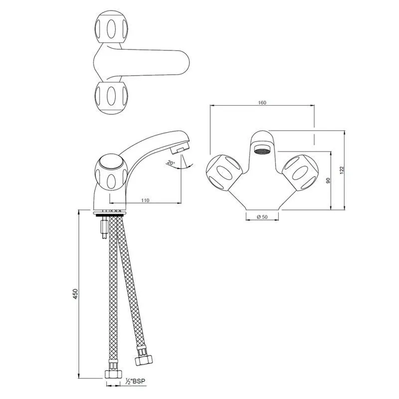 Jaquar Single Hole Basin Mixer without Popup Waste, 450mm Braided Hoses Clarion series CQT-CHR-23167B Chrome - image 2