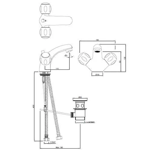 Jaquar Single Hole Basin Mixer with Popup Waste, 450mm Braided Hoses Clarion series CQT-CHR-23169B Chrome - image 2