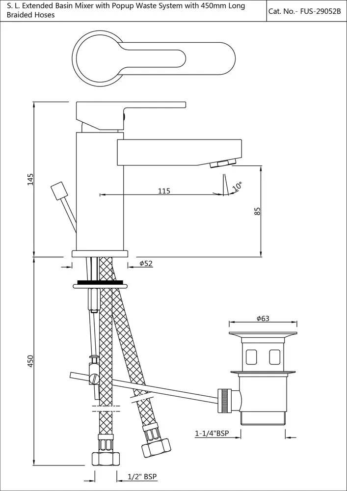 Jaquar Extended Basin Mixer, 85mm Height, 450mm Hoses, with Popup Waste Fusion series FUS-CHR-29052B Chrome - image 2
