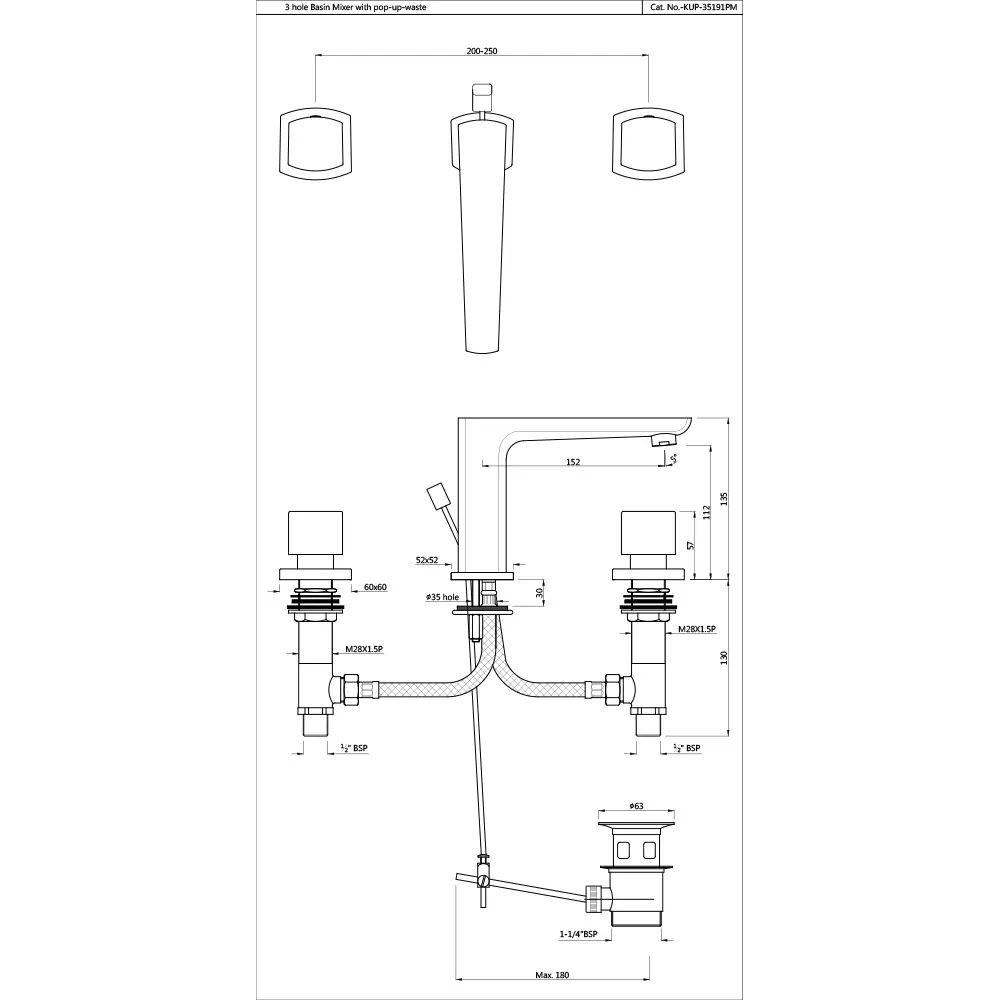 Jaquar 3-Hole Basin Mixer Kubix Prime series KUP-BCH-35191PM Black Chrome - image 2