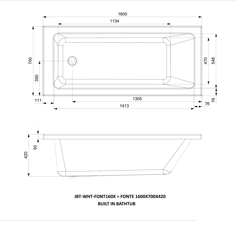 Jaquar Fonte Built-In Bathtub, 1600 x 700 x 420 mm JBT-WHT-FONT160X Standard - image 2