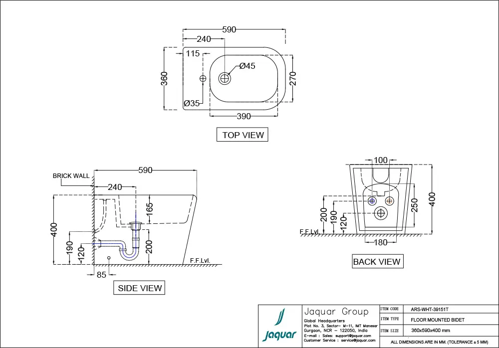 Jaquar Aria Floor Mounted Bidet, 360 x 590 x 400 mm ARS-WHT-39151T White - image 2