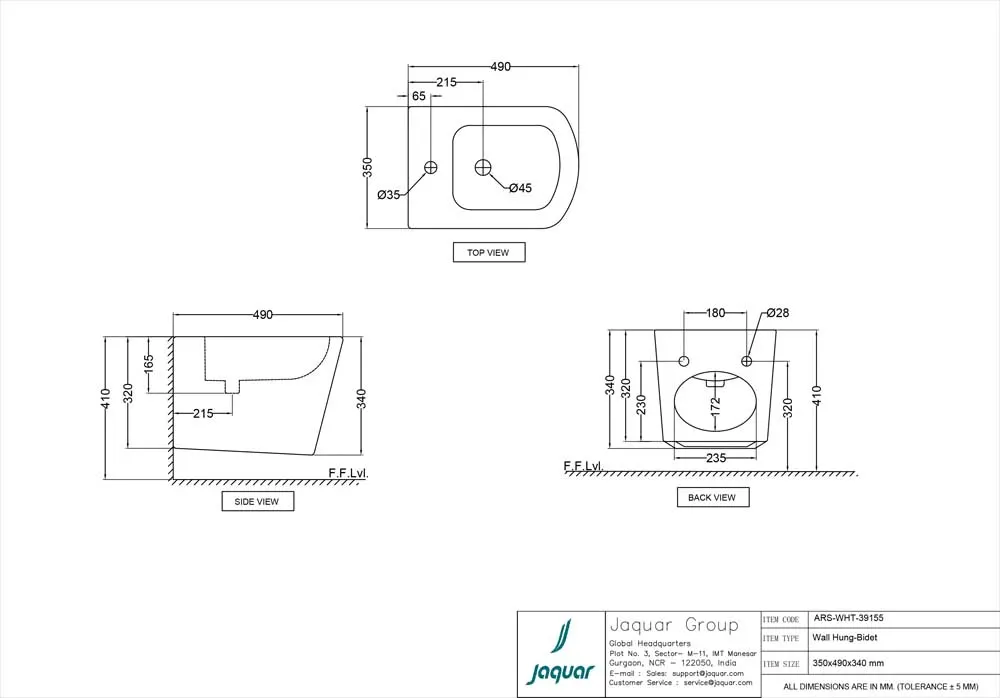 Jaquar Aria Wall Hung Bidet, 350 x 490 x 340 mm ARS-WHT-39155 White - image 1
