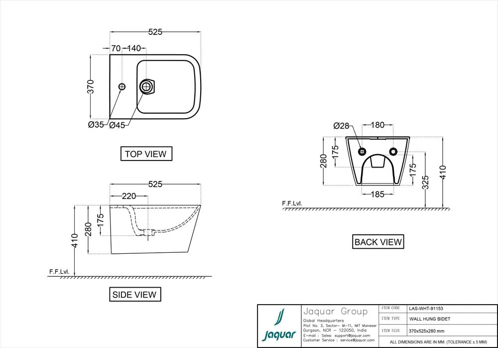 Jaquar Laguna Blind Installation Wall Hung Bidet, 370 x 525 x 280 mm LAS-BLM-91153 Black Matt - image 2
