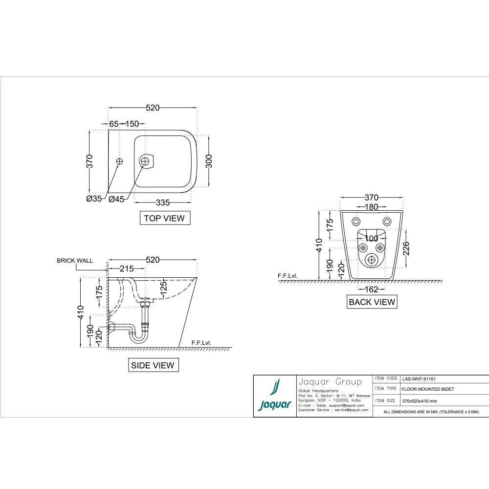 Jaquar Laguna Floor Mount Bidet, 370 x 520 x 410 mm LAS-WHT-91151 White - image 2