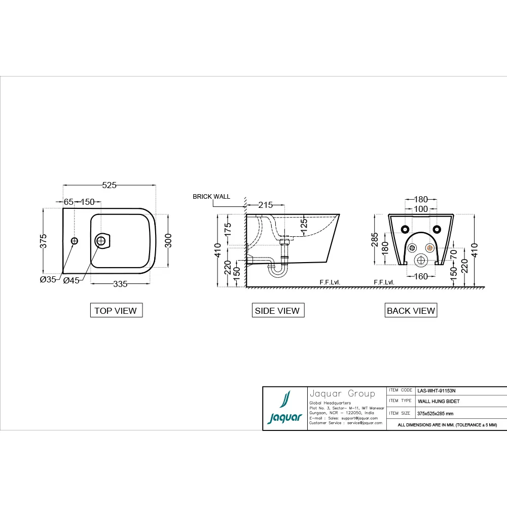 Jaquar Laguna Blind Installation Wall Hung Bidet, 375 x 525 x 285 mm LAS-WHT-91153N White - image 2