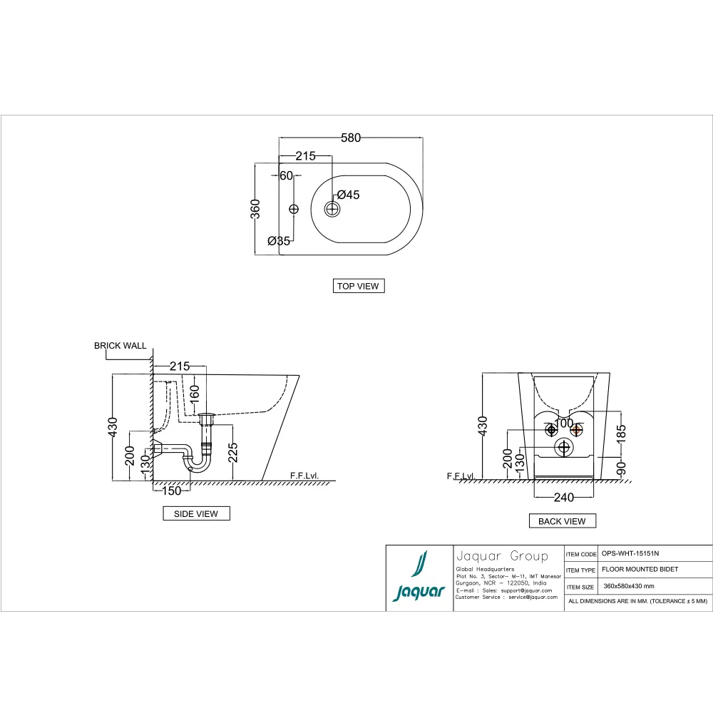 Jaquar Opal Prime Floor Mounted Bidet, 360 x 580 x 430 mm OPS-WHT-15151N White - image 2