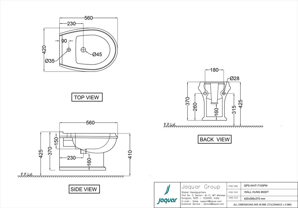 Jaquar Queens Prime Wall Hung Bidet, 420 x 560 x 370 mm QPS-WHT-7153PM White - image 2