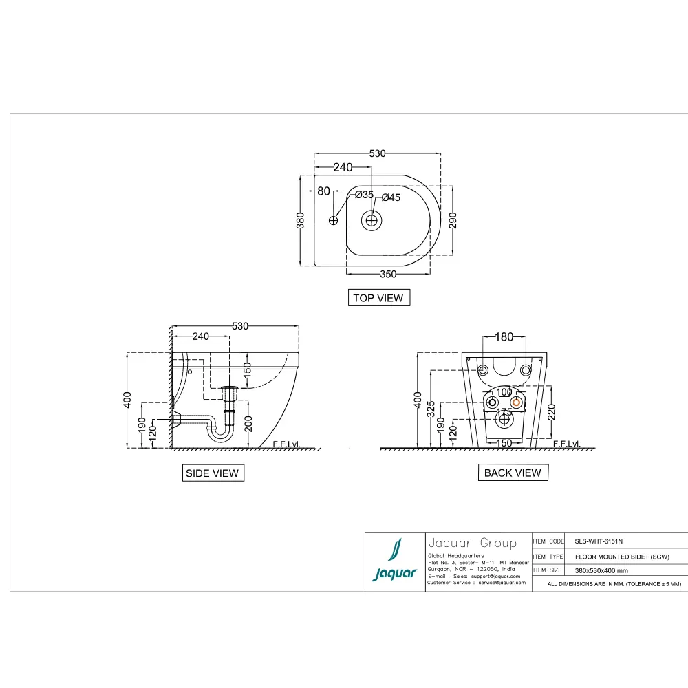 Jaquar Solo Floor Mounted Bidet, 360 x 560 x 405 mm SLS-WHT-6151N White - image 2