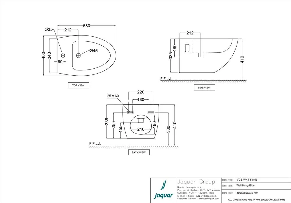 Jaquar Vignette Wall Hung Bidet, 400 x 580 x 335 mm VGS-WHT-81153 White - image 2