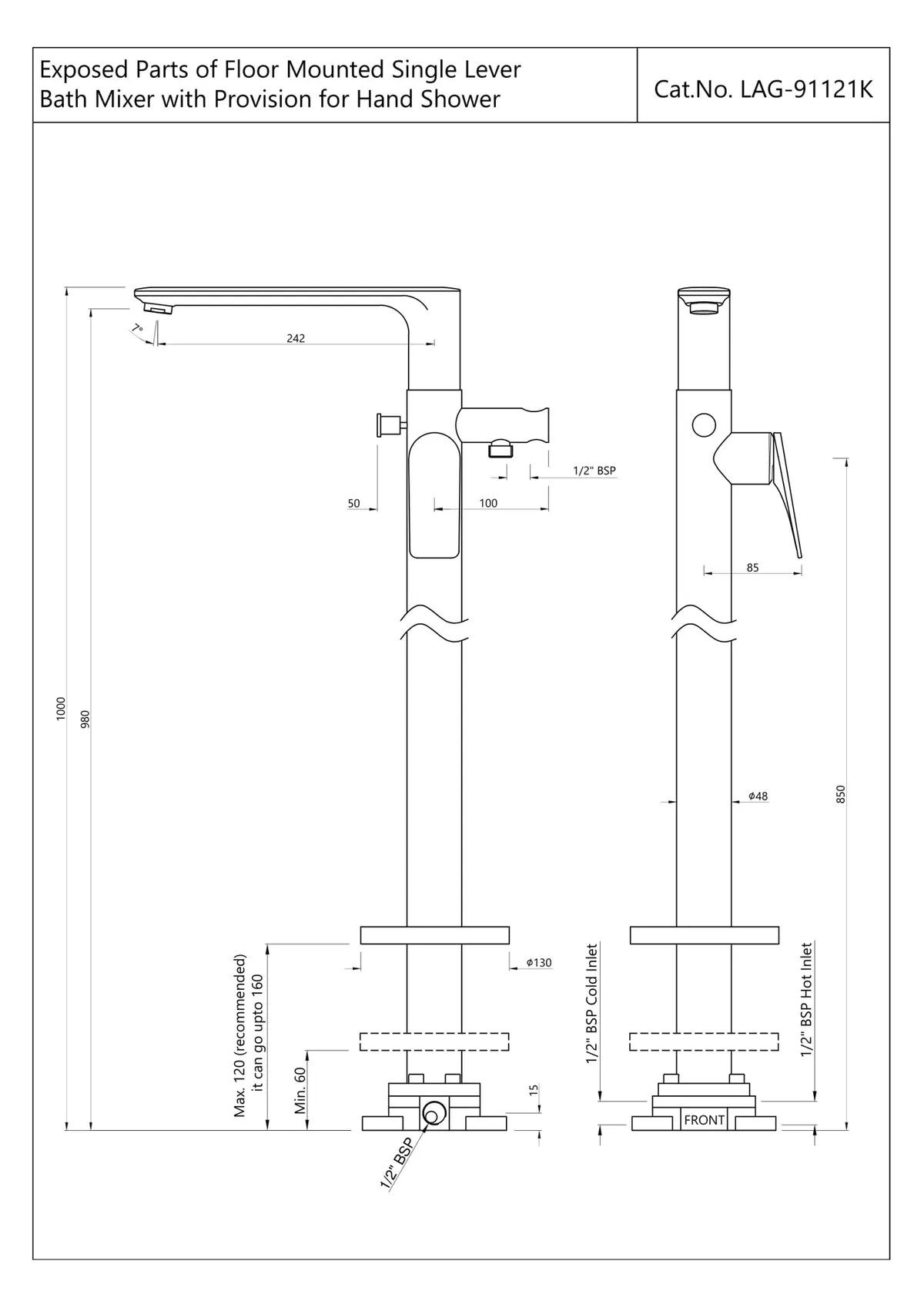 Jaquar Exposed Parts of Floor Mounted Single Lever Bath Mixer Laguna Faucets series LAG-BLM-91121K Black Matt - image 2