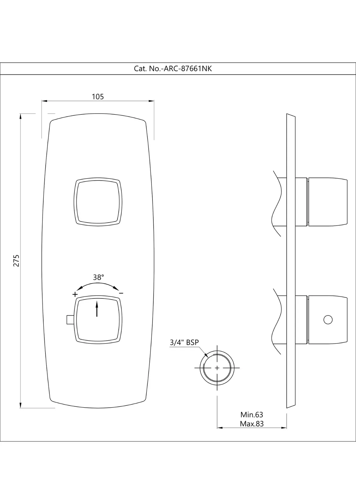 Jaquar Aquamax Thermostatic Mixer Exposed Parts Kit, 1 Way Diverter Arc series ARC-BLM-87661NK Black Matt - image 2