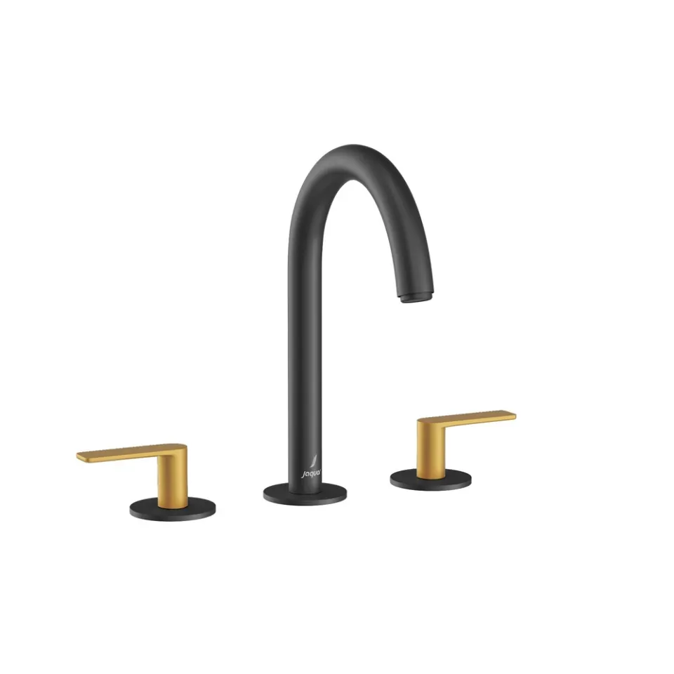 Jaquar 3-Hole Basin Mixer with Pipe Spout - Lever: Gold Matt PVD | Body: Black Matt Laguna Faucets series LAG-BGM-91189PSL Standard - image 1