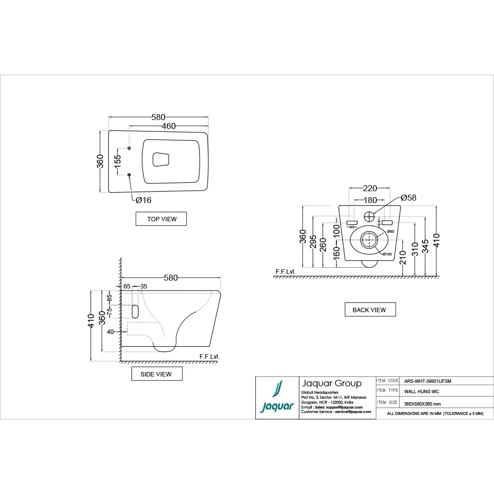 Jaquar Aria Wall Hung WC, 360 x 580 x 360 mm ARS-WHT-39951UFSM White - image 2