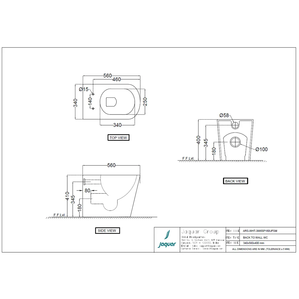 Jaquar Aria Rimless Back to Wall WC, 340 x 560 x 400 mm ARS-WHT-39955P180UFSM White - image 2