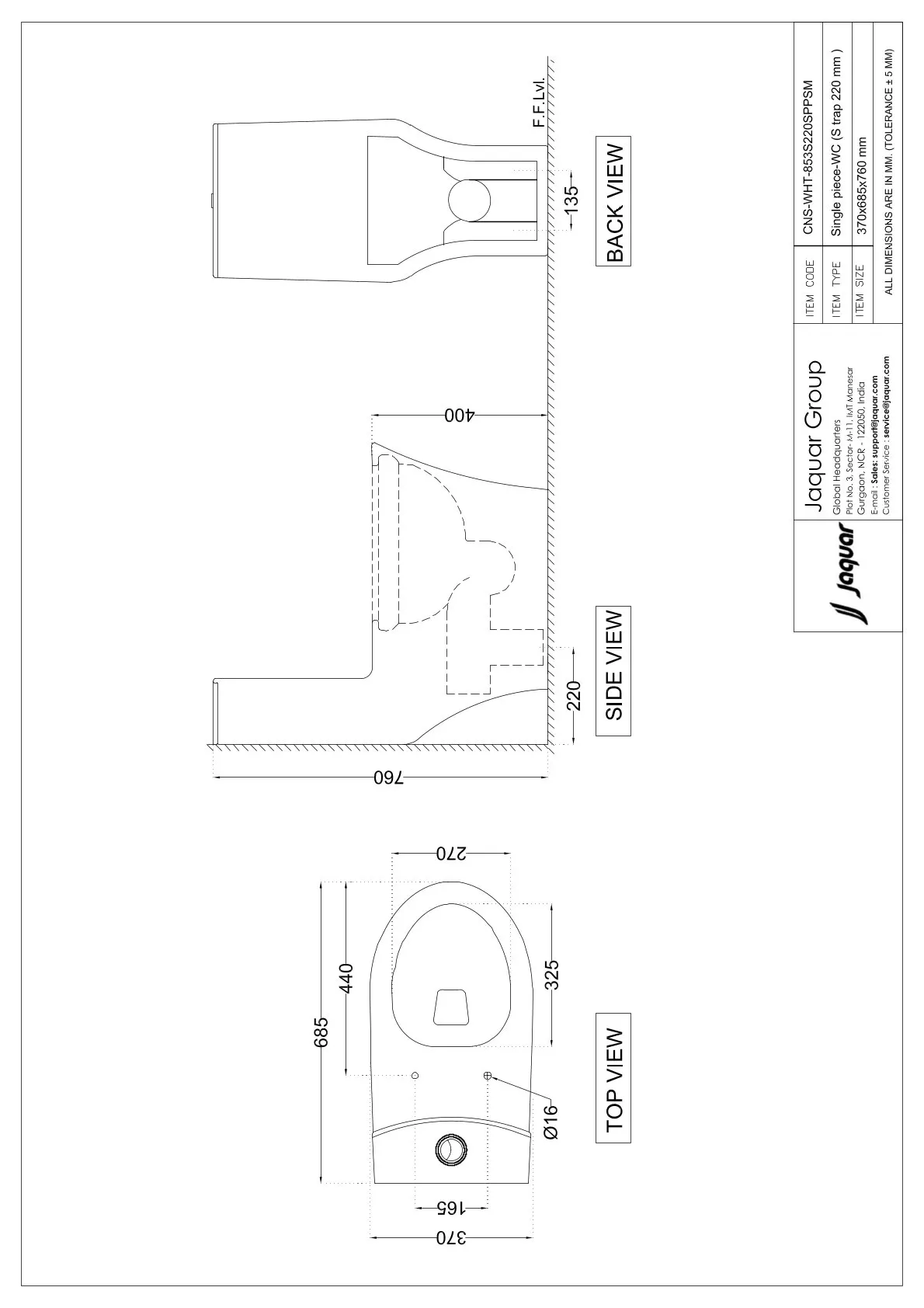 Jaquar Continental Rimless Single Piece WC, 370 x 685 x 760 mm CNS-WHT-853S220SPPSM White - image 2