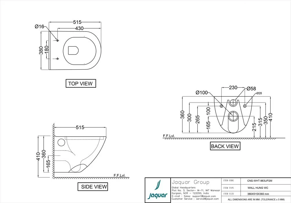 Jaquar Continental Rimless Wall Hung WC, 380 x 515 x 360 mm CNS-WHT-963UFSM White - image 2