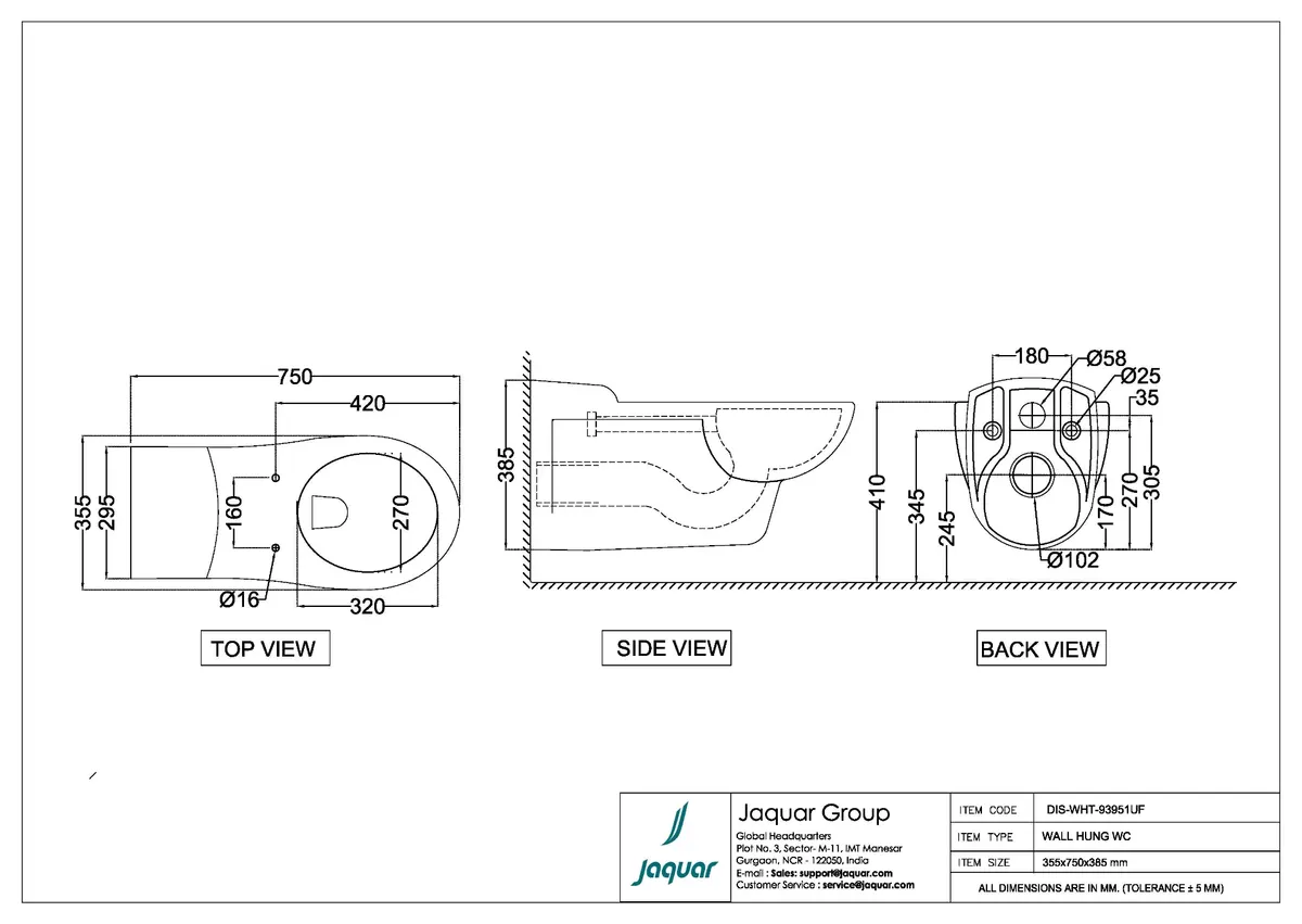 Jaquar Disabled-Friendly Wall Hung WC, 355 x 750 x 385 mm DIS-WHT-93951UF White - image 2