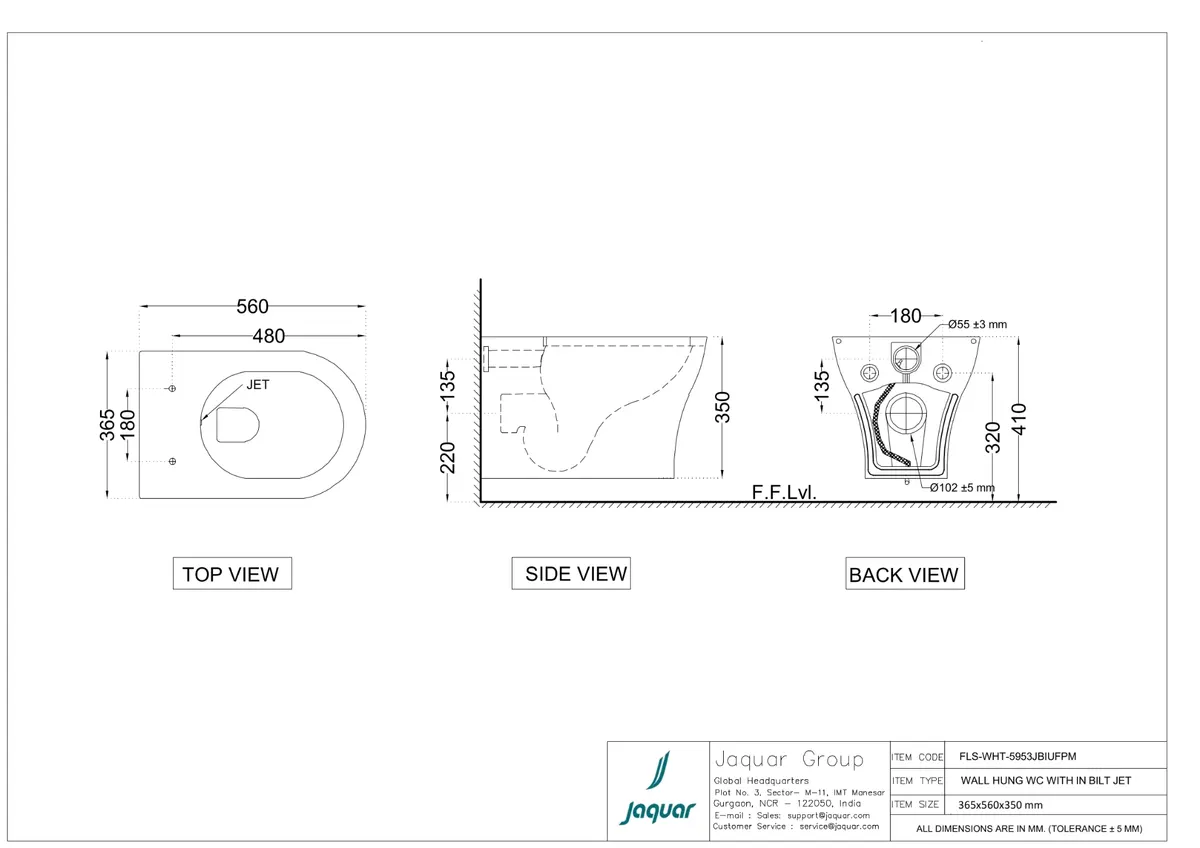 Jaquar Florentine Prime Rimless Blind Installation Wall Hung WC, 365 x 560 x 350 mm FLS-WHT-5953JBIUFPM White - image 2