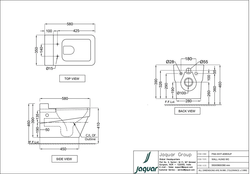 Jaquar Fonte Rimless Wall Hung WC, 350 x 580 x 390 mm FNS-WHT-40953UF White - image 2