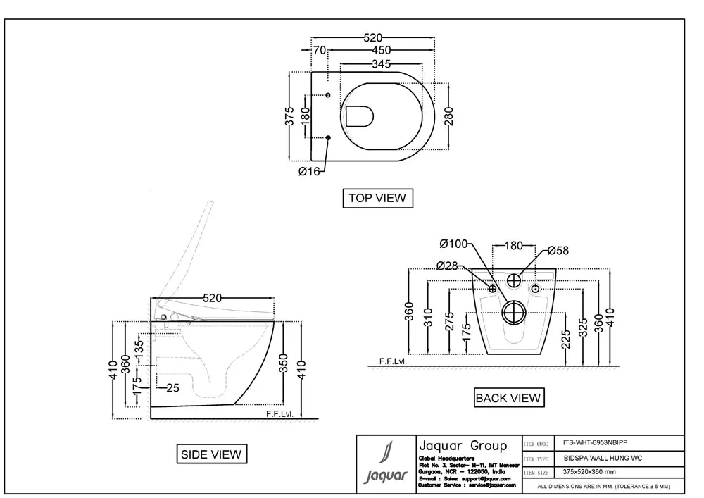 Jaquar Bidspa Rimless Blind Installation Wall Hung WC, 375 x 520 x 360 mm ITS-BEM-6953NBIPP Beige Matt - image 2