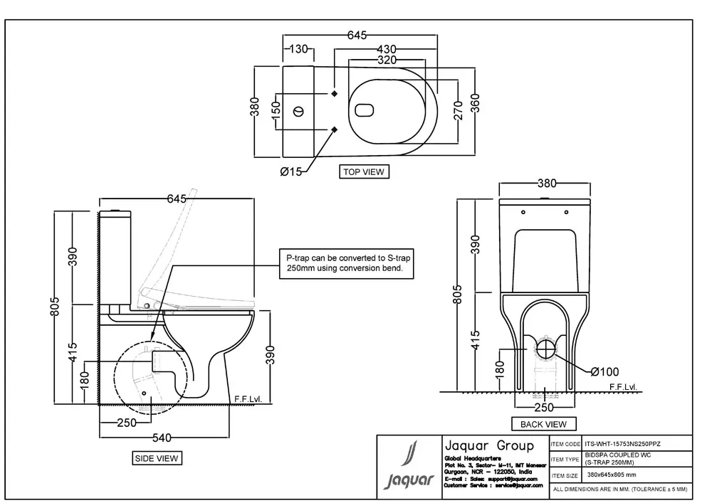 Jaquar Bidspa Rimless Bowl with Cistern for Coupled WC, 380 x 645 x 805 mm ITS-WHT-15753NS250PPZ White - image 2