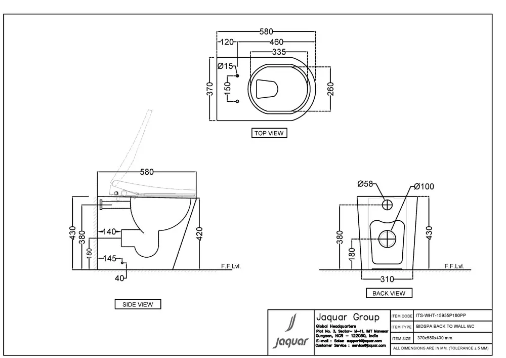 Jaquar Bidspa Rimless Back to Wall WC, 370 x 580 x 430 mm ITS-WHT-15955P180PP White - image 2