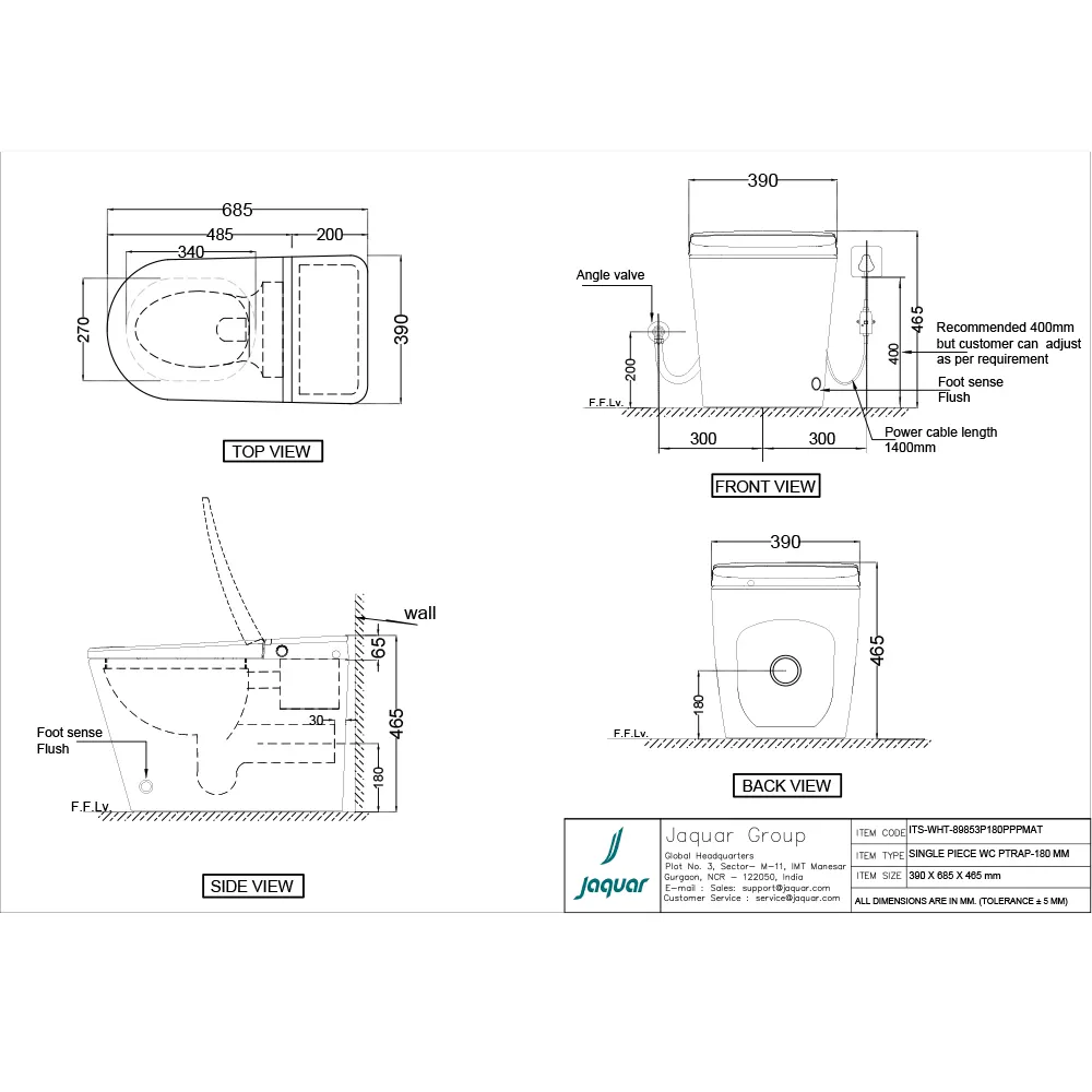 Jaquar Bidspa Automatic Rimless Floor Mounted WC, 390 x 685 x 465 mm ITS-WHT-89853P180PPPMAT White - image 2