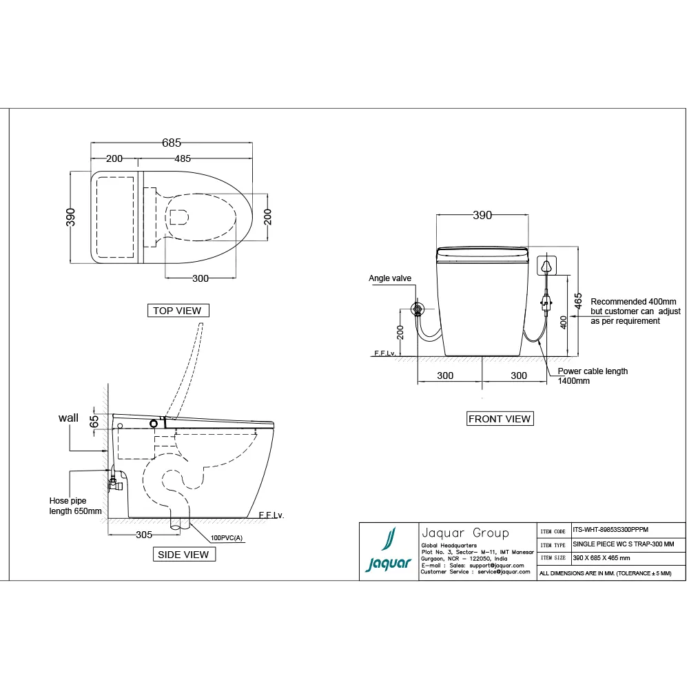 Jaquar Bidspa Automatic Rimless Floor Mounted WC, 390 x 685 x 465 mm ITS-WHT-89853S300PPPM White - image 2