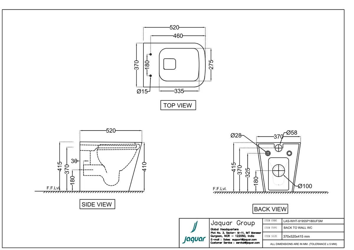 Jaquar Laguna Rimless Back to Wall WC, 370 x 520 x 415 mm LAS-WHT-91955P180UFSM White - image 2