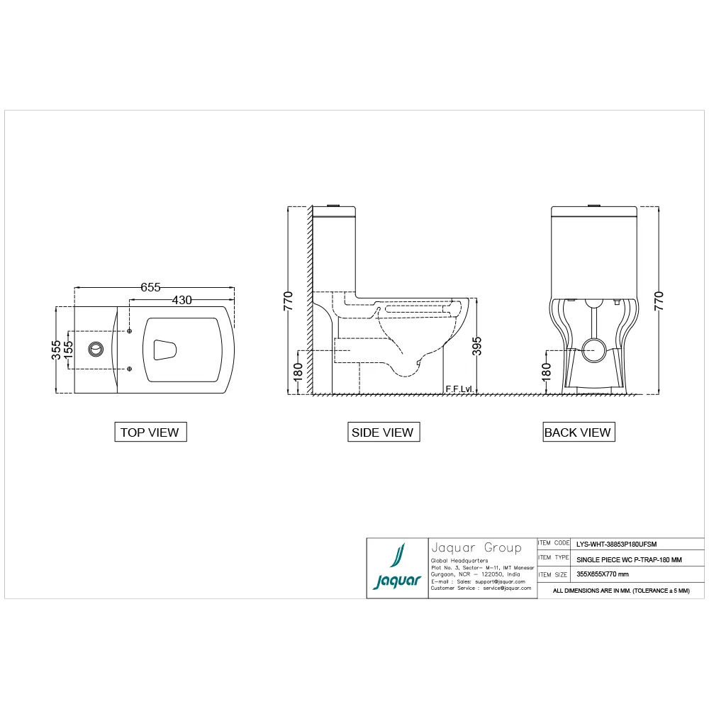 Jaquar Lyric Rimless Single Piece WC, 355 x 655 x 770 mm LYS-WHT-38853P180UFSM White - image 2