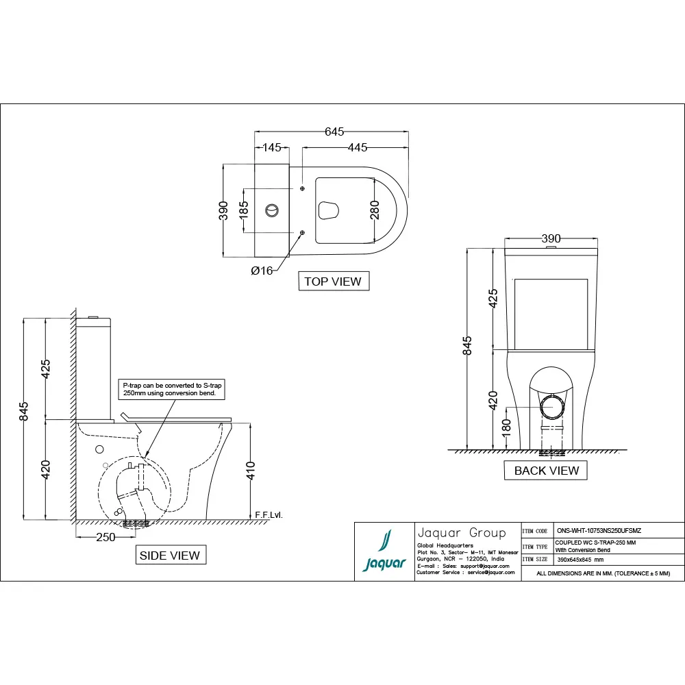 Jaquar Ornamix Rimless Bowl with Cistern for Coupled WC, 390 x 645 x 845 mm ONS-WHT-10753NS250UFSMZ White - image 2