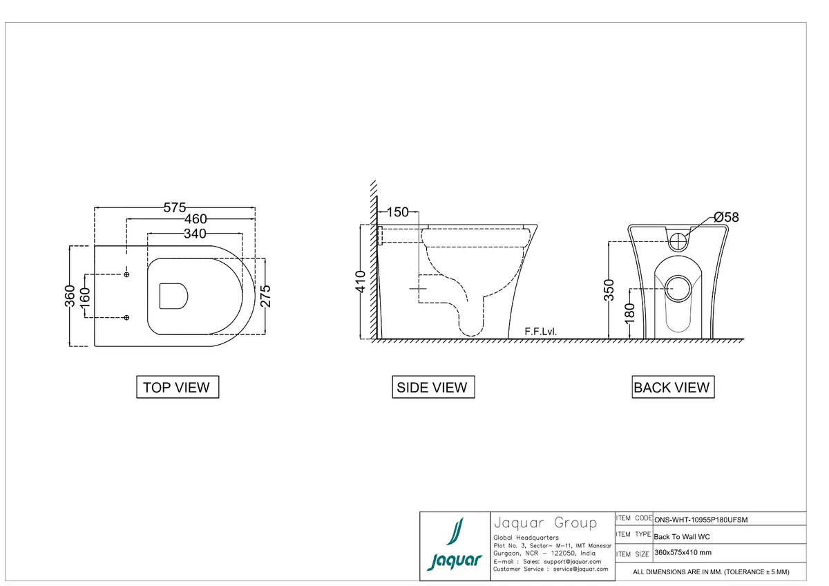 Jaquar Ornamix Rimless Back to Wall WC, 360 x 575 x 410 mm ONS-WHT-10955P180UFSM White - image 2