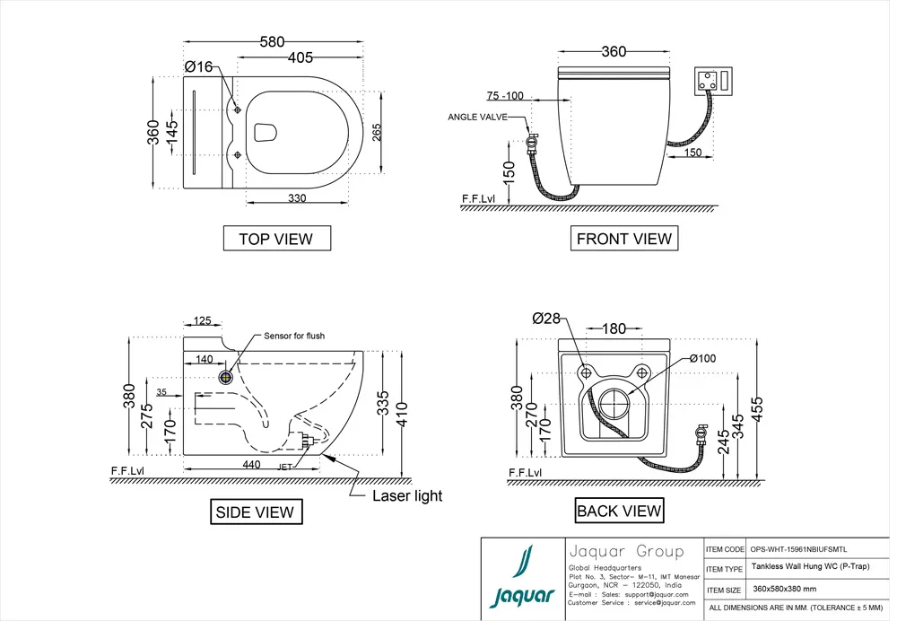 Jaquar Opal Tankless Wall Hung WC, 360 x 580 x 380 mm OPS-WHT-15961NBIUFSMTL White - image 2