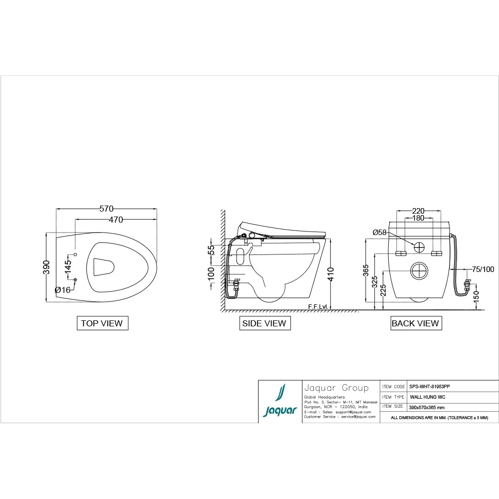 Jaquar Sanipure Rimless Wall Hung WC, 390 x 570 x 365 mm SPS-WHT-81953PP White - image 2